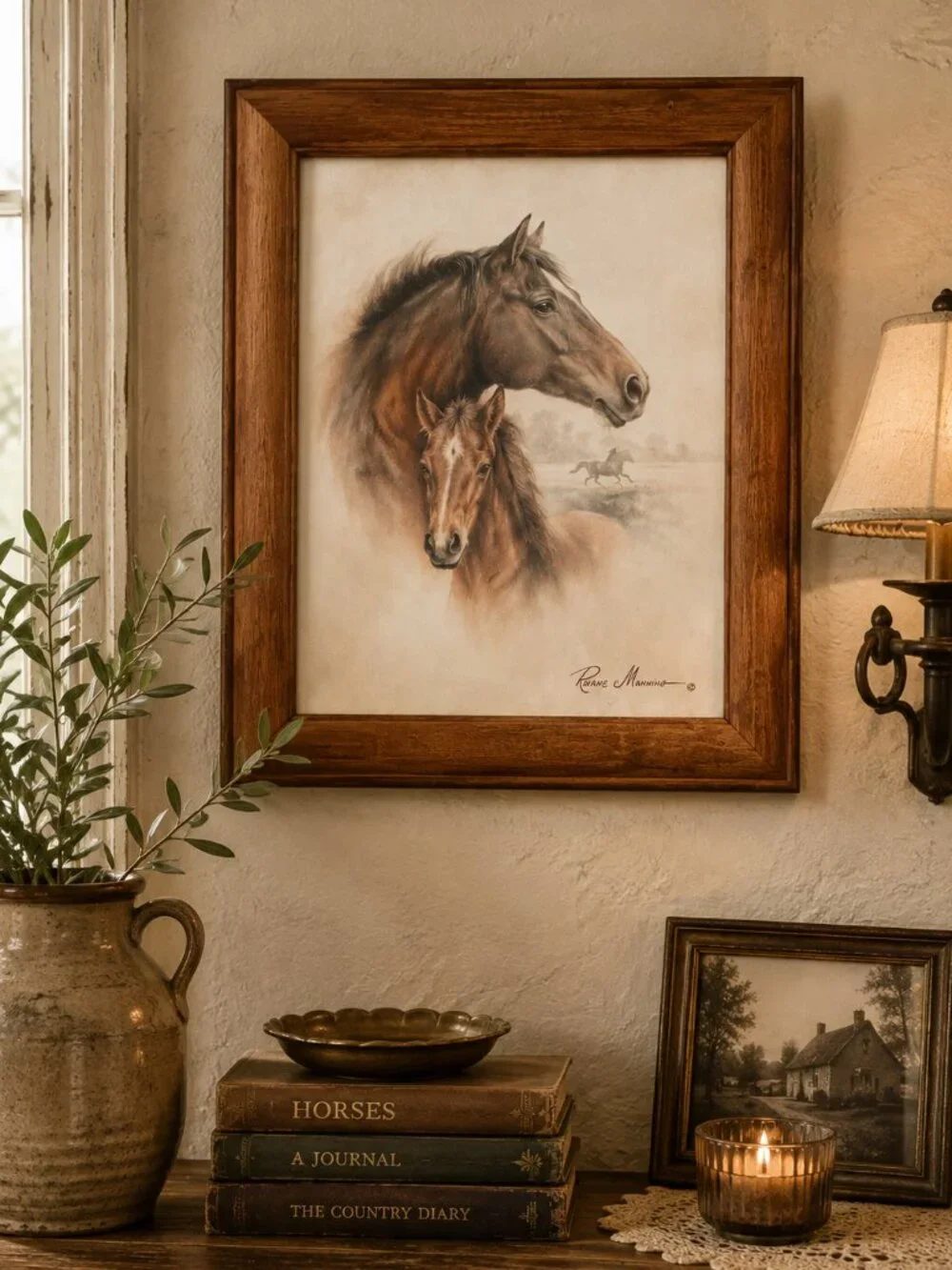 Vintage Signed Ruane Manning Horse & Colt Wooden Framed Art Print
